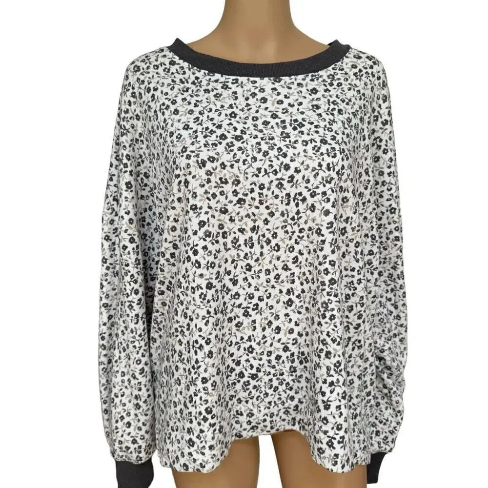 Lou & Grey White Gray Floral Long Sleeve Pullover Sweatshirt Sz XL cotton blend